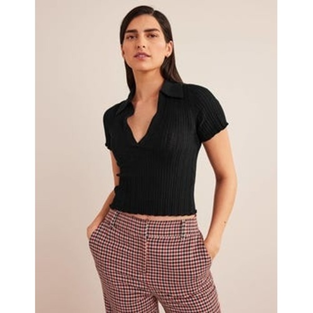 Boden Womens Black Ribbed Knit Short Sleeve V-Neck Polo Top Size M NWT